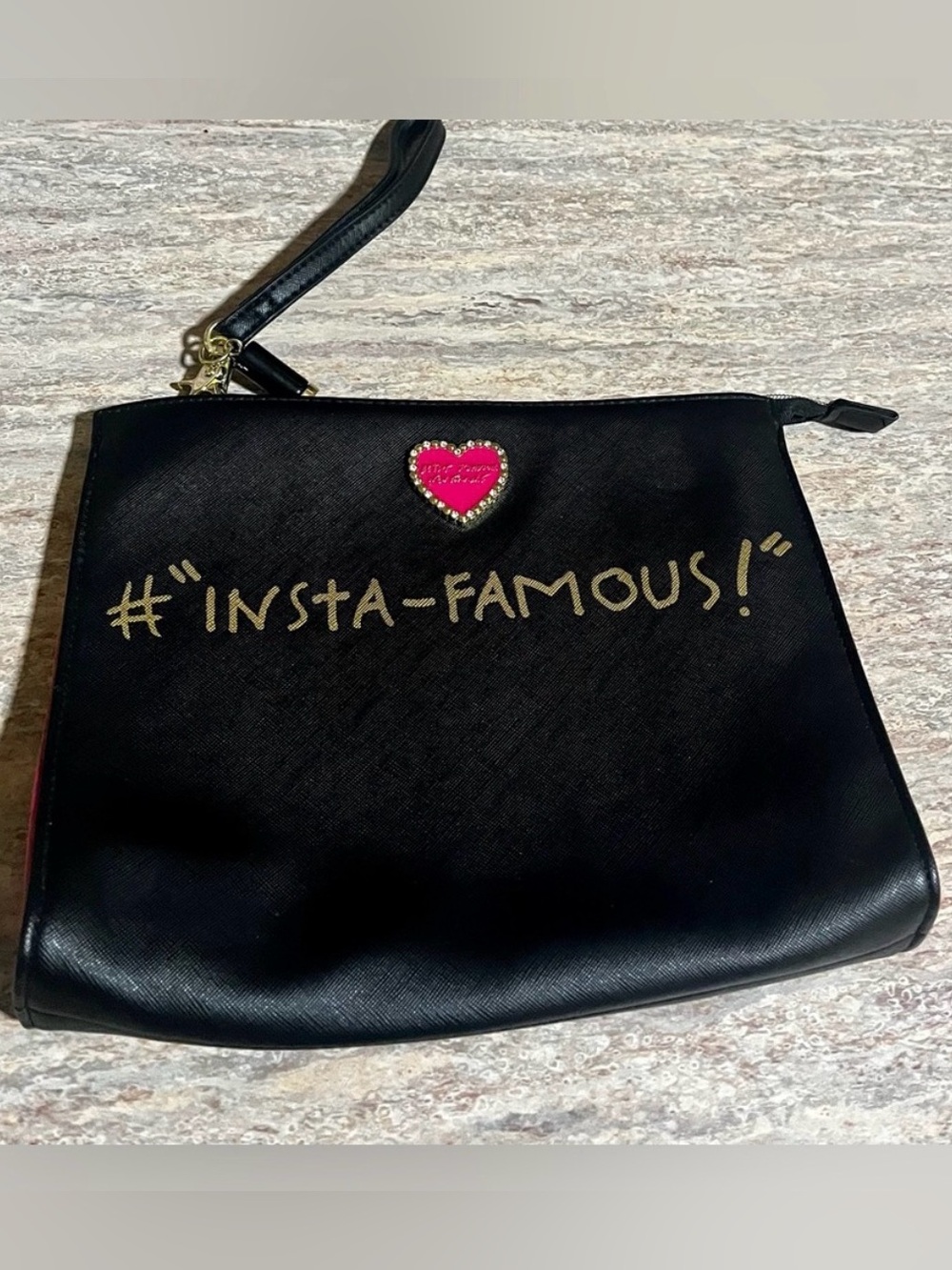NWOT Betsey Johnson Black "Insta-Famous" Wristlet Pouch with Pink Heart Accent